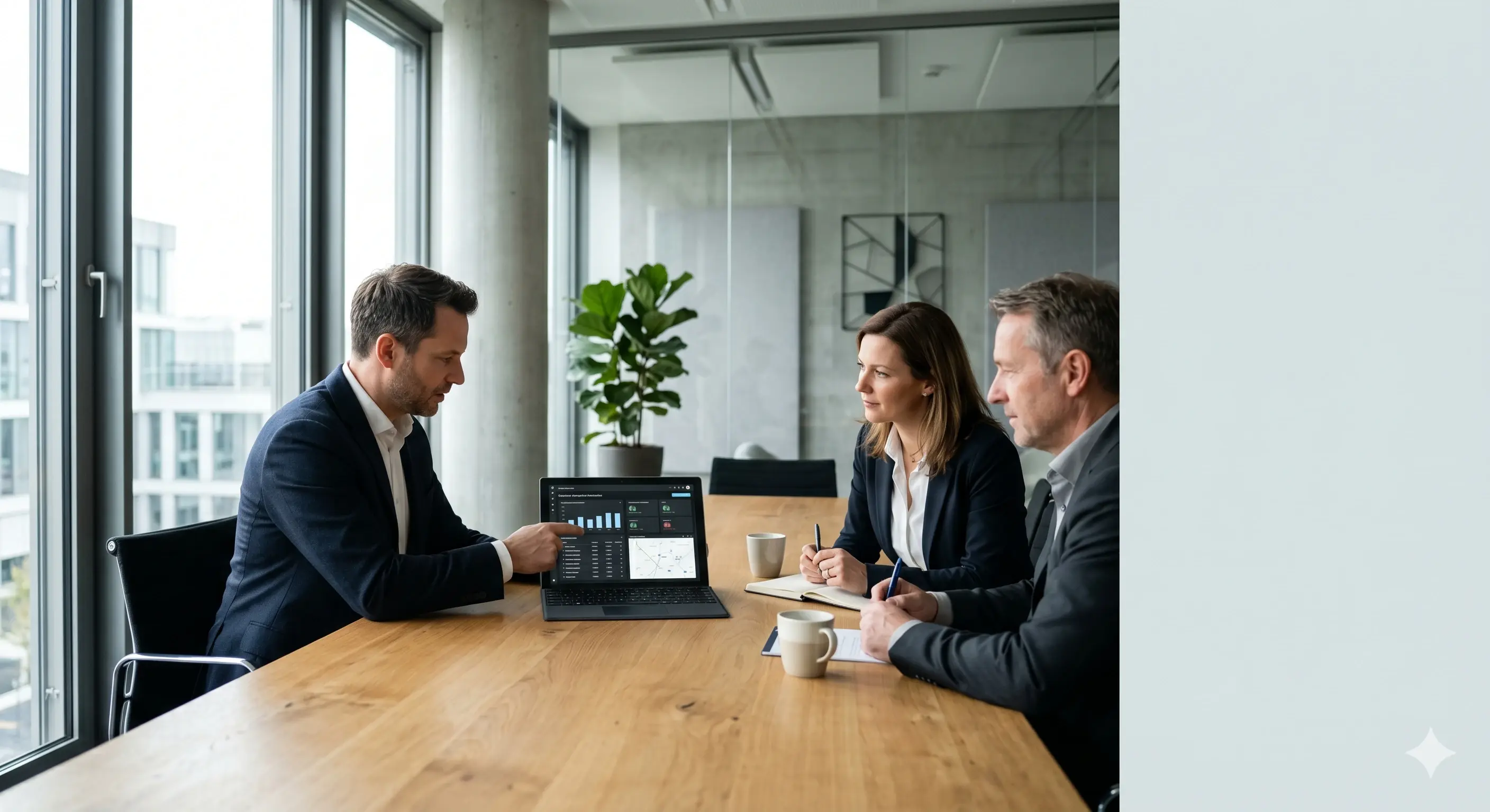 KI-generierte Illustration: Beratung zu individuellen Web-Apps und Business-Tools. Dargestellte Personen sind nicht real.